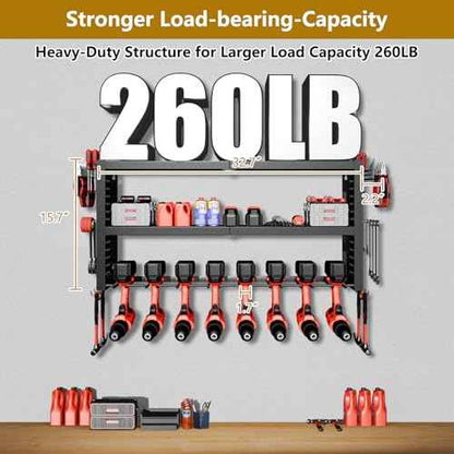 Power Tool Organizer Wall Mount, 3 Layer Heavy Duty Garage organizer Loads 260lbs, Tool Organizers with 8 Drill Hanger, Battery Tools Holder Garage Storage Organization for Workbench, Pegboard, Shed