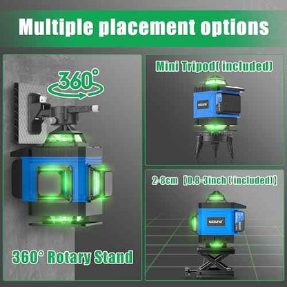 AZZUNO Laser Level 360 Self Leveling Green Beam with LCD Screen, 4x360 lazer leveler tool, Rechargeable Battery & Magnetic Base - Ideal for Construction, Tiling, Tool Gift