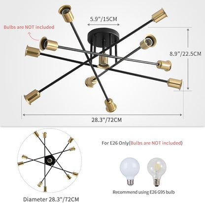 Mid Century Sputnik Gold and Black Semi Flush Mount Ceiling Light Fixture, Modern Large 11 Light Metal Chandelier for Dining Room Bedroom Kitchen Living Room Office Lighting
