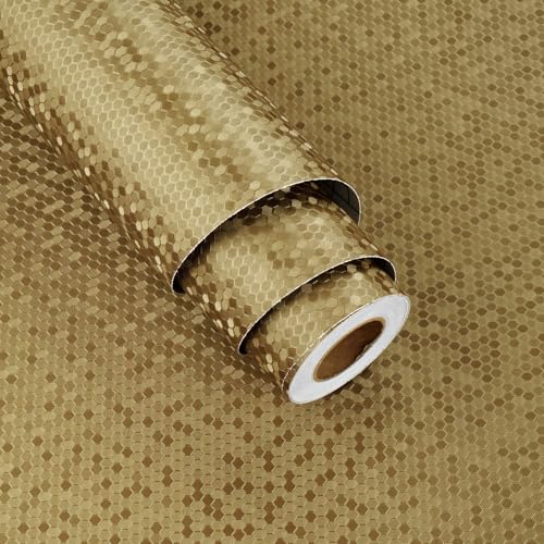 Gold Hexagon Metallic Wallpaper Peel and Stick Countertops Waterproof Honeycomb Metallic Contact Paper Textured Fridge Covers Metal Wall Paper for Cabinet Kitchen Backsplash Shelf Liner