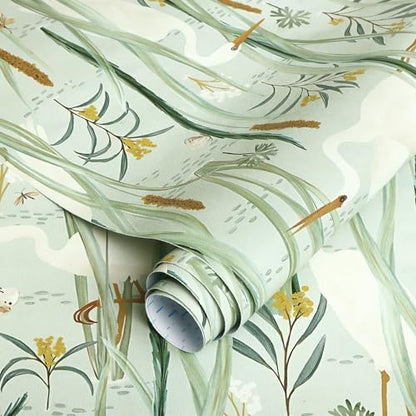 Ismoon Green Peel and Stick Wallpaper Boho Nursery Wall Paper Crane Egret Light Green Contact Paper Vinyl Removable Wallpaper for Cabinets Shelf 16.1x78.7in