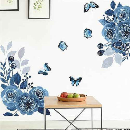 Blue Siren Peony Rose Flower Wall Stickers,sacinora Butterfly Floral Art Plants Wall Decals Removable Vinyl Peel and Stick for Living Room Bedroom Children's Room Kitchen Sofa TV Background Decoration