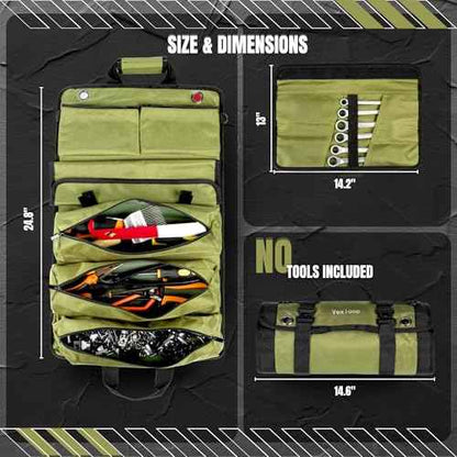 Tool Roll Bag with Metal Quick Release Buckle | Heavy Duty Tool Roll Bag Organizer | Canvas Roll-Up Organizer | Mechanics & Motorcycle Tool Bag Detachable Pouches | Roll Up Tool Bag Organizer