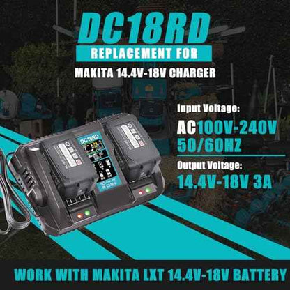 Dual Ports Replacement 14.4V-18V Charger for Makita Battery Charger DC18RC DC18RD DC18RD, Compatible with Makita Battery 18V-14.4V BL1815 BL1820 BL1830 BL1850 BL1860 BL1840 BL1430 BL1415
