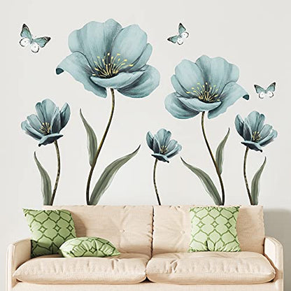 Dreamy Blue Flower Wall Stickers Creative Painted Butterflies Wall Decals Romantic Painting Art Decor Vinyl Removable Peel and Stick for Living Room Nursery Bedroom Office Bathroom Wall Decoration