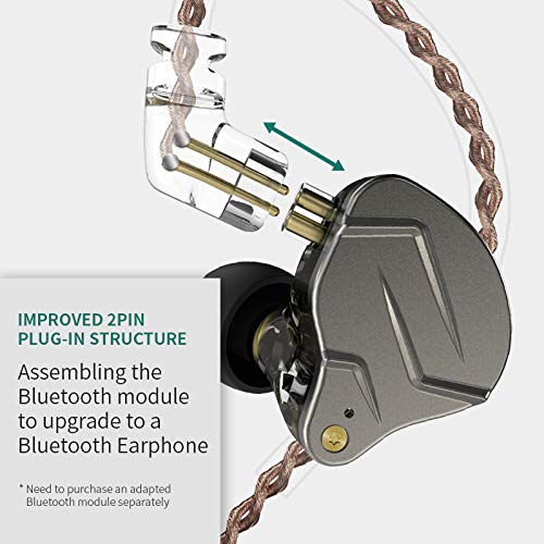 erjigo KZ ZSN Pro Dynamic Hybrid Dual Driver in Ear Earphones Detachable Tangle-Free Cable Musicians in-Ear Earbuds Headphones (Gray Without Mic)