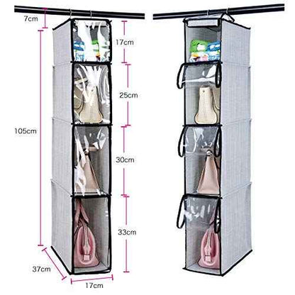 4 Tier Handbag Purse Organizer with Dustproof Cover, Foldable Hanging Closet Wardrobe Storage Shelves Closet Storage System for Living Room Bedroom Home Use, Grey