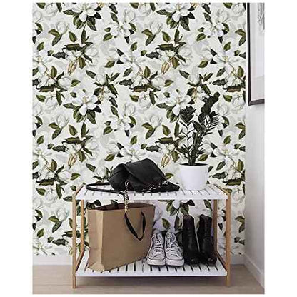 HAOKHOME Peel and Stick Gardenia Floral Wallpaper Removable Off White/Grey/Green Vinyl Self Adhesive Mural 17.7in x 9.8ft