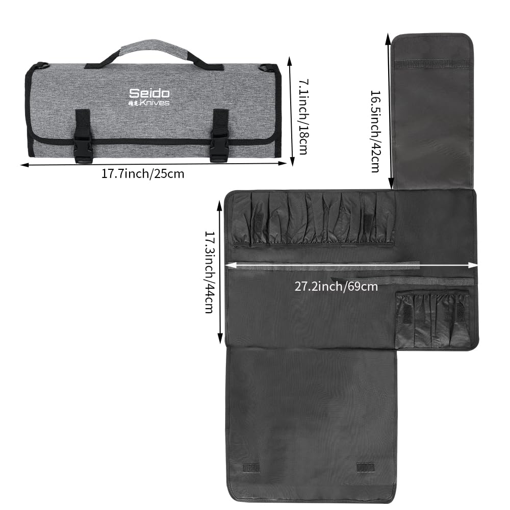 Seido Knives Chef's Knife Roll Bag (16 Slots), Waterproof Knife Storage Bag, Roll-up Knife Bag, Portable Knife Carrier, Travel Knife Bag | Culinary Knife Case for Chefs & Students
