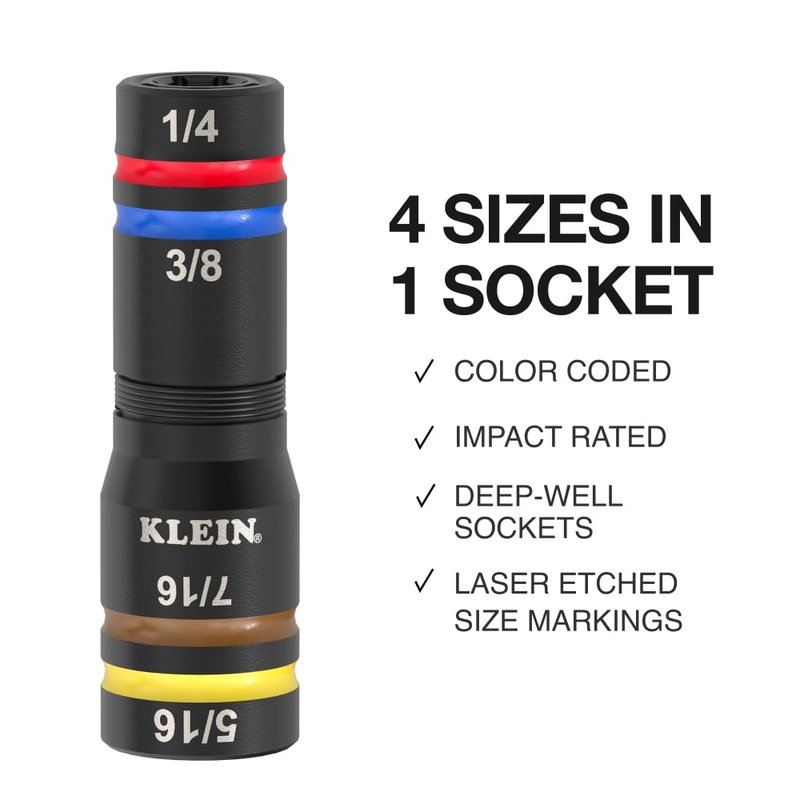 Klein Tools 652QS Quad Socket, 8 Sizes in 2 Sockets, 4-in-1 Color Coded SAE Impact Rated, Deep-Well Heavy-Duty, 1/4-Inch Drive, 6-1/2-Inch Shaft