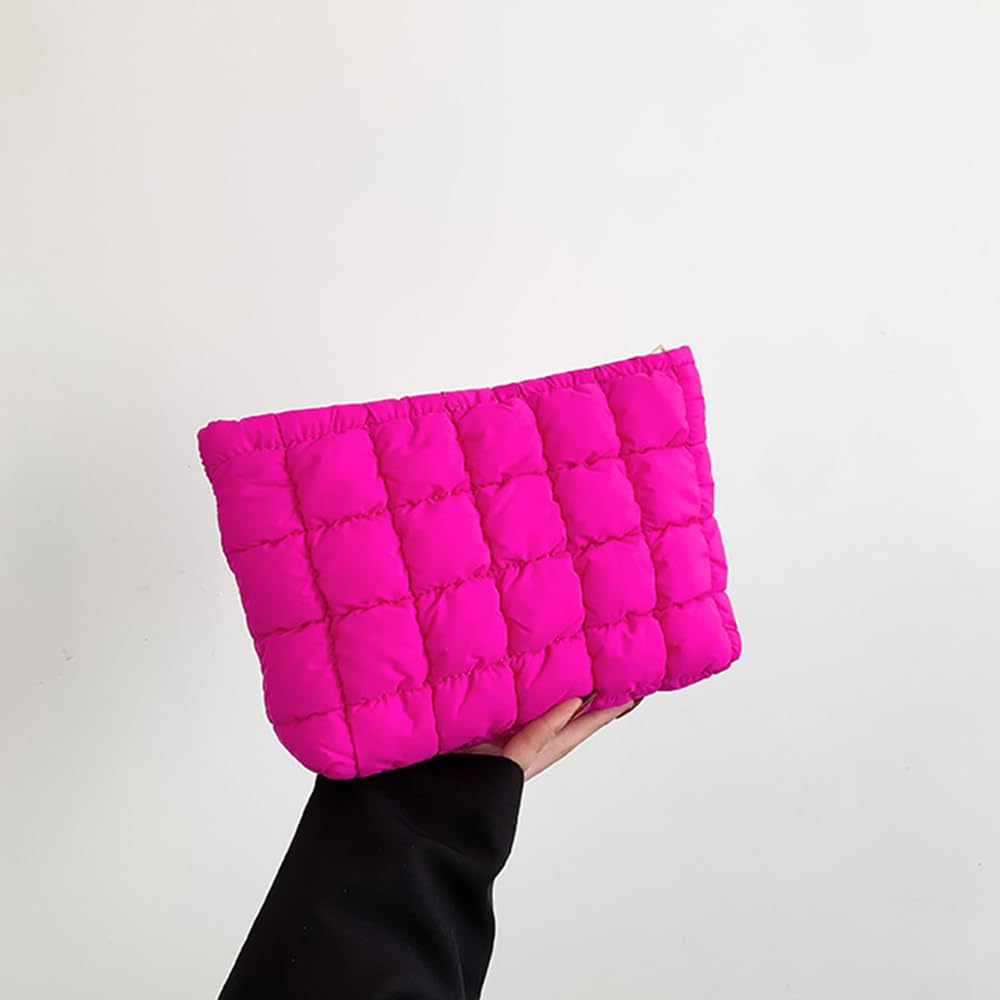 FITINI Makeup Bag Travel Large Portable Quilted Cosmetic Organizer Cute Pouch for Women Soft Puffy Zipper Waterproof Toiletry Storage Bags,Quilting Puff Rose