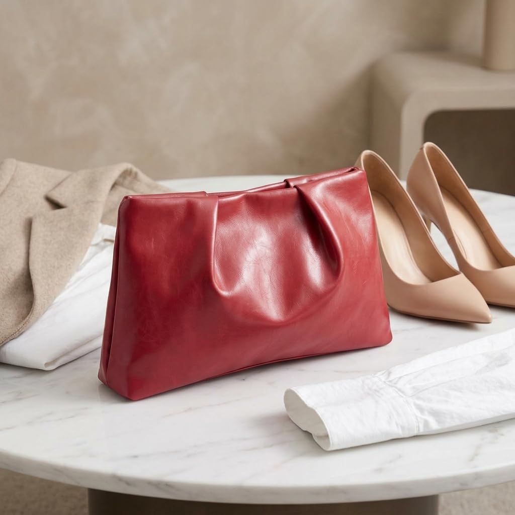 ARTLUXE Slouchy PU Leather Clutch Purse for Women Ruched Wine Red Evening Handbag with Zipper Closure for Wedding Cocktail Party and Business