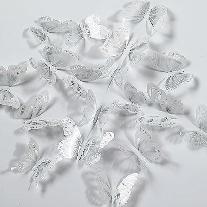 Ewong 54Pcs White 3D Butterfly Wall Decor - Butterfly Decoration Party Cake Decorative - Removable Waterproof Wall Decal Birthday Home Room Decor Bathroom Bedroom Sticker & Murals