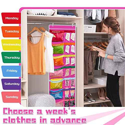 Oudain 2 Pcs Weekly Kids Clothes Organizer 59.5" x 18" Large with 14 Pockets Day of Week School Clothing Storage Monday to Friday Hanging Closet Organizer to Prepare a Week of Your Children(Purple)