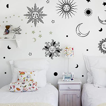 PLIGREAT Sun Crescent Star Moon Faces Wall Stickers, Waterproof Removable Vinyl Peel and Stick Wall Decals for Bedroom Living Room Boho Ethnic Wall Decorations Home Indoor DIY Wall Art Decor