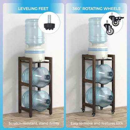 3-Tier 5 Gallon Water Jug Holder with Top Shelf ? 4 Metal Wheels or Adjustable Feet ? Natural Hardwood Water Dispenser Floor Stand ? Wooden Organizer for Kitchen, Office, Garage ? Space-Saving Design