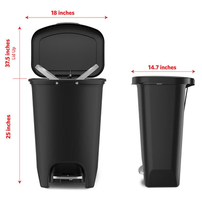 Glad Premium 20 Gallon Trash Can - Plastic Kitchen Waste Bin with Odor Protection of Lid, Stainless Steel Step On Foot Pedal and Garbage Bag Rings, Black