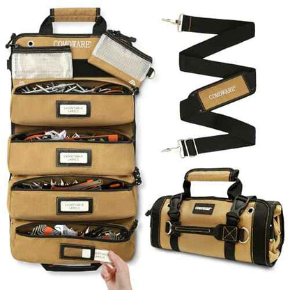 COMOWARE Roll Up Tool Bag, 600D Oxford PVC Coated Tool Organizer with 11 Pouches, 5 Exterior Wrench Pockets & Adjustable 51.2" Shoulder Strap for Mechanics, Plumbers, Camping, Motorcycle