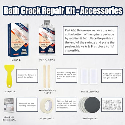 Porcelain & Fiberglass Repair Kit - Tub, Tile, Shower, Bathtub Repair Kit for Ceramic, Marble, Quartz, Granite - Waterproof & Leak-Proof Fix Cracks, Holes, Scratches, Dents (White)
