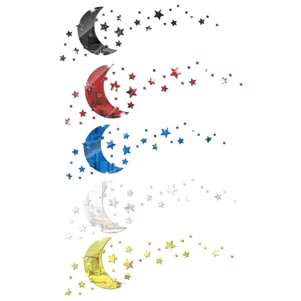 Moon Star Mirror Wall Stickers, 146 PCS Stars & Crescent Moon, 3D Art Decals for Baby Kid Bedroom & Living Room (Black)