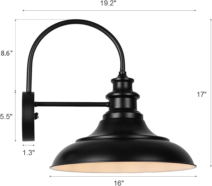 Dusk to Dawn Sensor Outdoor Barn Light Fixtures, 16 Inch Dome Farmhouse Outdoor Wall Sconces, Rustic Gooseneck Exterior Wall Mount Lights, Industrial Black White Lanterns for Porch, 2 Pack