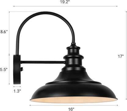 Dusk to Dawn Sensor Outdoor Barn Light Fixture, 16 Inch Dome Farmhouse Outdoor Wall Sconce, Rustic Gooseneck Exterior Wall Mount Light, Industrial Black White Wall Lantern for Porch, 1 Pack