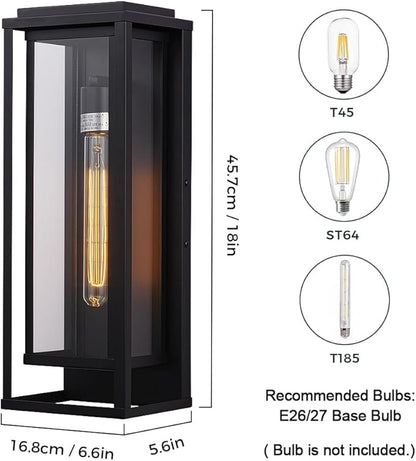 Cerdeco 18” Modern Outdoor Wall Sconce with Rectangular Metal Frame and Transparent Glass Shade,Black Outdoor Lighting for Garage Porch Patio Pack of 2(ETL Listed)
