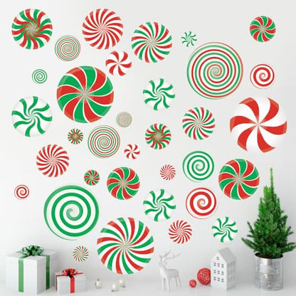 Christmas Holiday Decorations, Red and Green Swirl Candy Cane Peppermint PVC Wall Decals, 64 Pieces