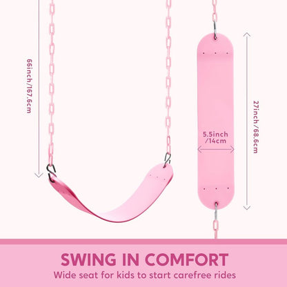 TURFEE Heavy Duty Swing Seat Pink Color with 66” Chain, Swing Set Accessories Replacement with Snap Hooks for Kids Outdoor Play Playground
