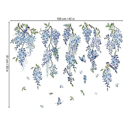 decalmile Hanging Flower Vine Wall Decal Blue Wisteria Floral Vines Wall Stickers Living Room Bedroom Sofa TV Background Wall Decor