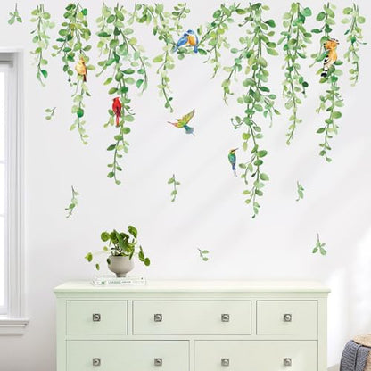 wondever Hanging Vines Wall Stickers Plants Green Leaves Birds Peel and Stick Wall Art Decals for Living Room Bedroom Sofa TV Background Office