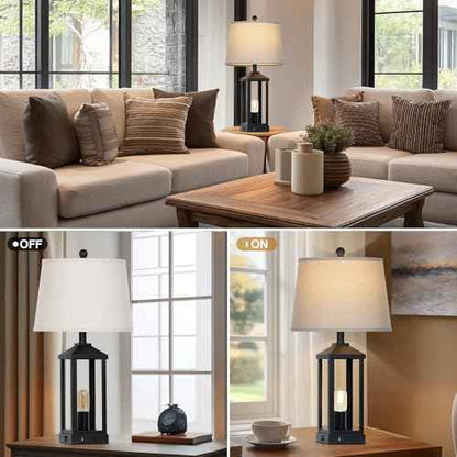 28" Tall Vintage Table Lamp Set of 2 with USB C+A & Outlet,Black Industrial End Table Lamp for Living Room,Farmhouse Rustic Bedside Lamps Set of 2 with Night Light ,Vintage Bedroom Lamp for Nightstand