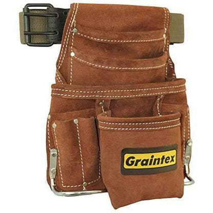 Graintex SS2976 10 Pocket Nail & Tool Pouch Brown Color Suede Leather with 2¡± Leather/Webbing Belt for Constructors, Electricians, Plumbers, Handymen