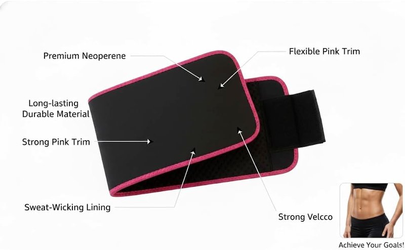 Unisex Sauna Waist Trimmer Belt - Ab Training & Toning Sweat Wrap | Adjustable 42" x 8" (Black with Pink Trim)