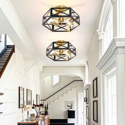 Semi Flush Mount Ceiling Light, Black and Gold Light Fixtures Ceiling Mount with Hexagon Cage, Metal Industrial Close to Ceiling Light for Hallway, Kitchen, Bedroom (Black and Gold, 14.56''L)