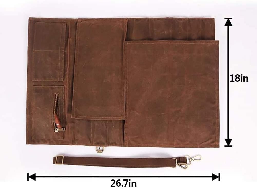 JDGHGB Chef Knife Roll Bag,Waxed Canvas Knife Bags with 10 Slots and 1 Zipper Pocket,Chef Bag for Chefs Professional Knife Roll Pouch with Shoulder Strap (Brown)