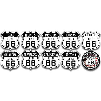 Sheet of 8: All Route 66 States Sign Shaped Stickers (1.5 inch Tall)