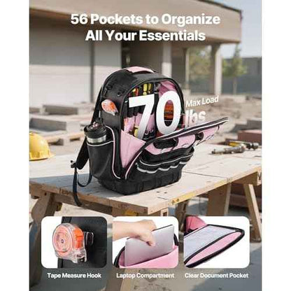 VEVOR Tool Backpack, 56 Pockets, Heavy-duty Tools Storage Organizer Work Bags Backpack with Laptop Compartment & Molded Base, Electrician Jobsite Backpack for Electrician, Repairman, and HVAC Techs