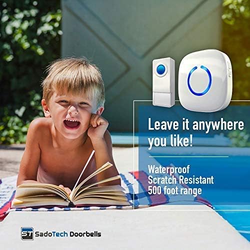 SadoTech Wireless Doorbell for Home - Battery Operated, 1000 Feet, Waterproof Door Bell w/LED Flash, 1 push button + 1 receiver, Waterproof White