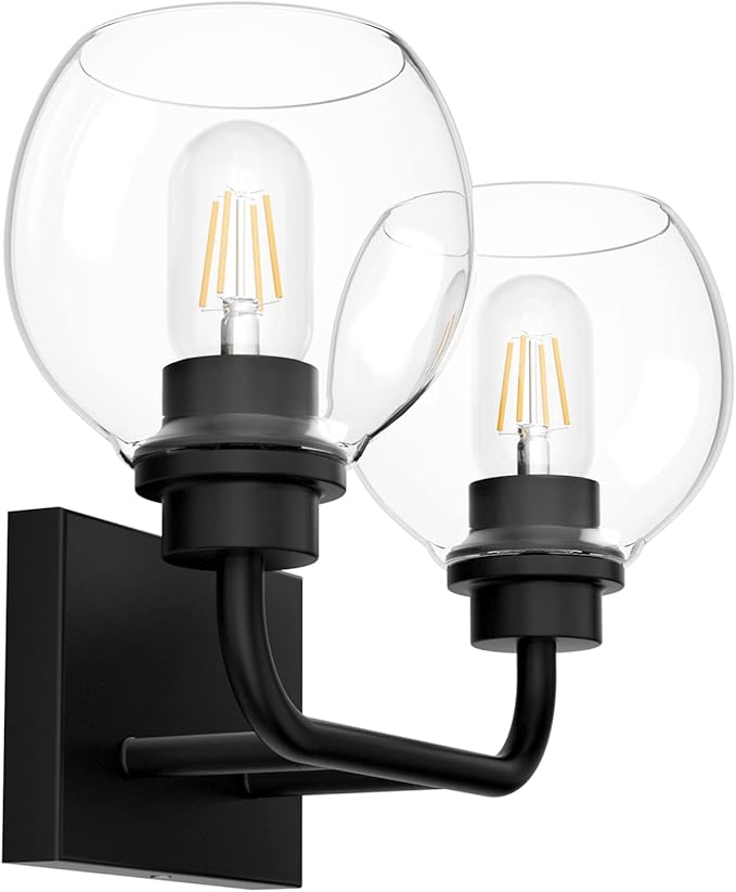 Tipace 2 Lights Industrial Bathroom Vanity Light Fixtures Over Mirror Black Vintage Vanity Lights with Globe Clear Glass Farmhouse Wall Sconces Fixture(Exclude Bulb)
