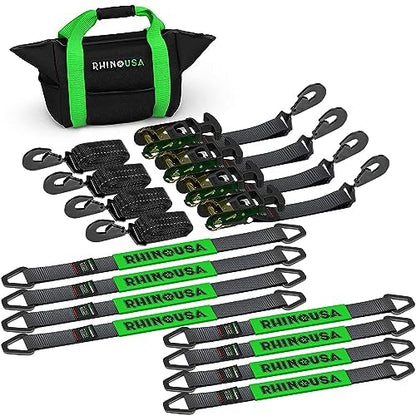 Rhino USA Car Tie Down Straps for Trailers with Snap Hooks (4-Pack) -2" x8' (10,000lb Break Strength) - Heavy Duty T-Handle Car Hauler Tire and UTV Axle Straps, Powersports & More - Black