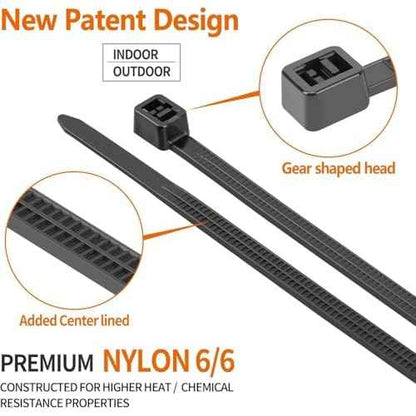 14 inch Black Large Zip Ties Heavy Duty (600 Pack), 2025 New Patented Design, 300 LBS Tensile Strength, Self-Locking Nylon PA66 Cable Ties for Indoor and Outdoor Use