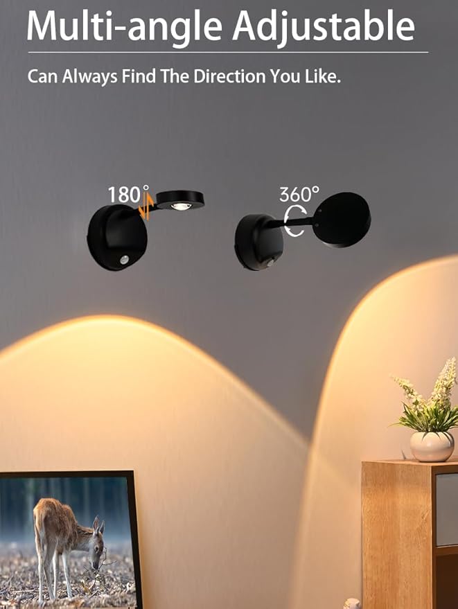 2200mAh Motion Sensor Picture Light, Spotlight Painting Light, LED Wall Sconce, Night Light Lamp, Rechargeable Battery Operated 3 Color & Dimmable Magnetic 360° Rotation with Remote (Black, 1 Pcs)