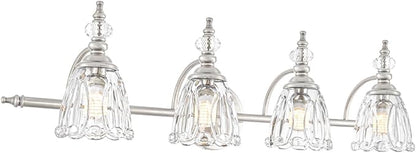 4 Light Brushed Nickel Bathroom Light Fixture, Antique Vanity Light with Flower Glass Shade, Bathroom Vanity Light Over Mirror, Farmhouse Sconces Wall Lighting for Hallway Livingroom Bedroom