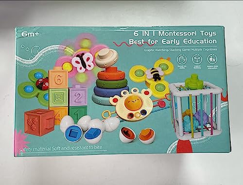 Weilim Baby Toys for 6 to 12 Months, Montessori Sensory Bins & Teething Toys, 6 in 1 Stacking Blocks, Rings, Eggs, Spinner, Crab Shape, 27 Pieces, Ages 6-36 Months