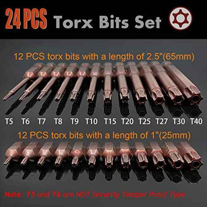 Torx Bits Set, PTSLKHN 24PCS Security Torx Bit Set, High Hardness S2 Alloy Steel, Magnetic, Anti-rust