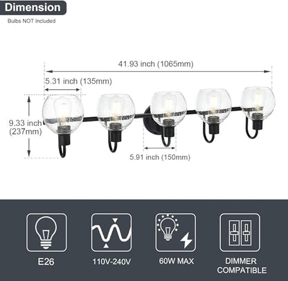 5-Lights Black Bathroom Vanity Light Fixtures Over Mirror, Modern Vanity Wall Sconce Lighting with Globe Seeded Glass Lampshades for Bedroom Kitchen Hallway