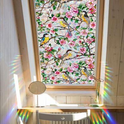 Runtoo Window Privacy Film Rainbow Bird on Tree Branch Flowers Window Clings 3D Decorative Vinyl Stained Glass Rose Peony Floral Decals Static Sticker Non-Adhesive, 17 x 40 inches
