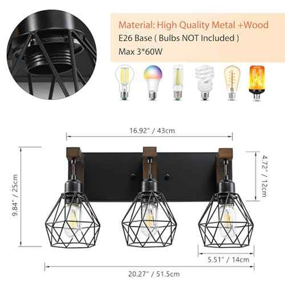 Farmhouse Bathroom Light Fixtures, 3 Light Bathroom Vanity Light, Black Rustic Wood Vanity Lights Wall Sconces with Elegant Metal Lampshade for Living Room, Bedroom, Hallway (Retro Black, 3-Light)