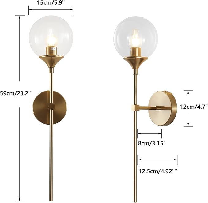 KCO Lighting Gold Globe Wall Sconce Mid Century Modern Glass Wall Light Fixtures Bathroom Mirror Vanity Wall Lamp Set of Two for Living Room Bedroom